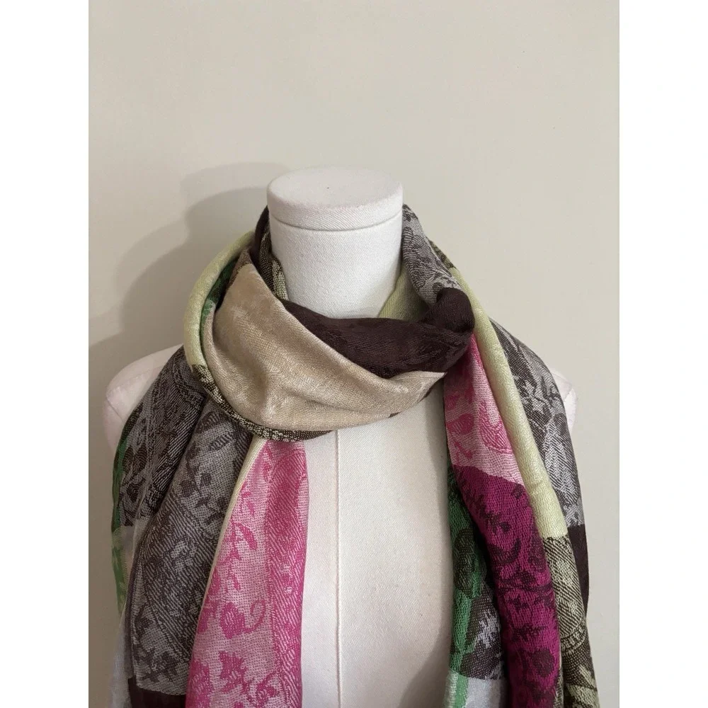Colorful Plaid Pashmina Shawl Scarf Wrap‎ Fringe Y2K Vibe Brown Pink Green Silk